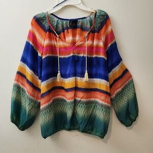 New Directions Ladies M Top Sunset Colors Tropical Cruise Beach Boho Artsy Happy